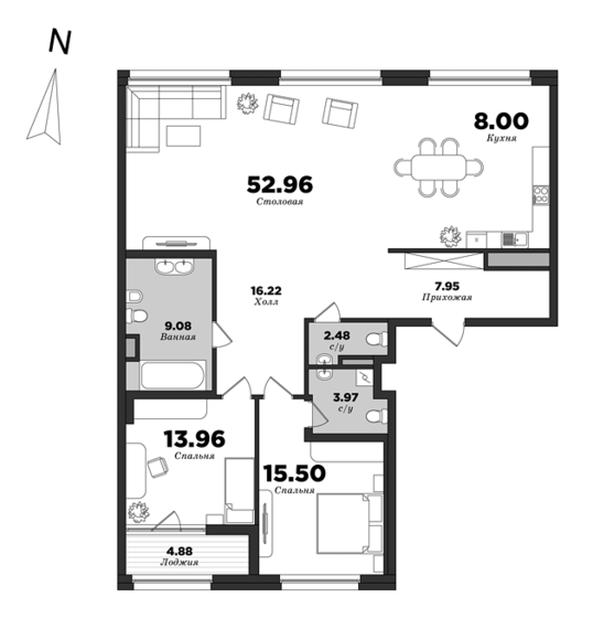 Приоритет, Корпус 1, 2 спальни, 132.56 м² | планировка элитных квартир Санкт-Петербурга | М16
